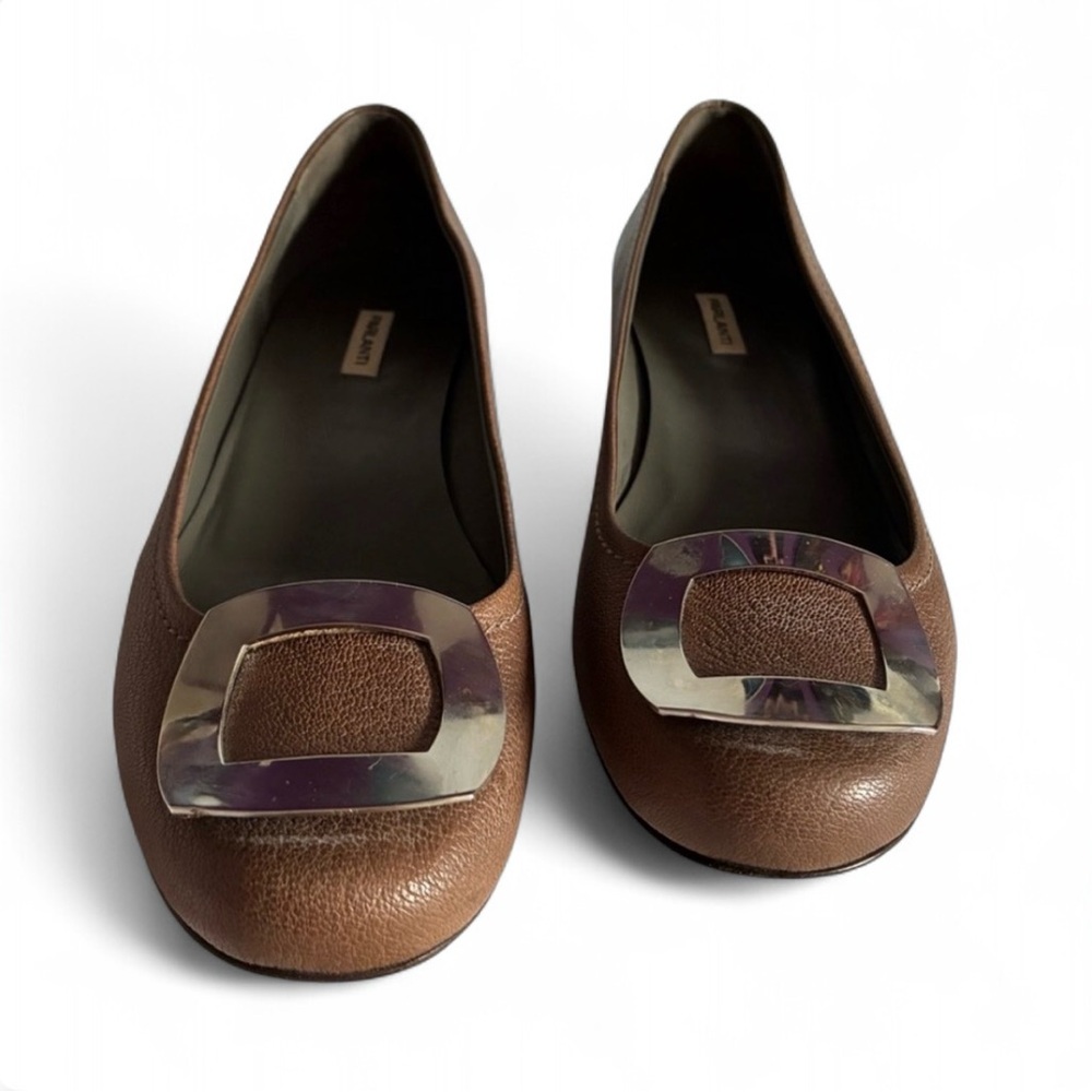 Italian Brown Leather Flats PARLANTI with Silver Buckle Accent